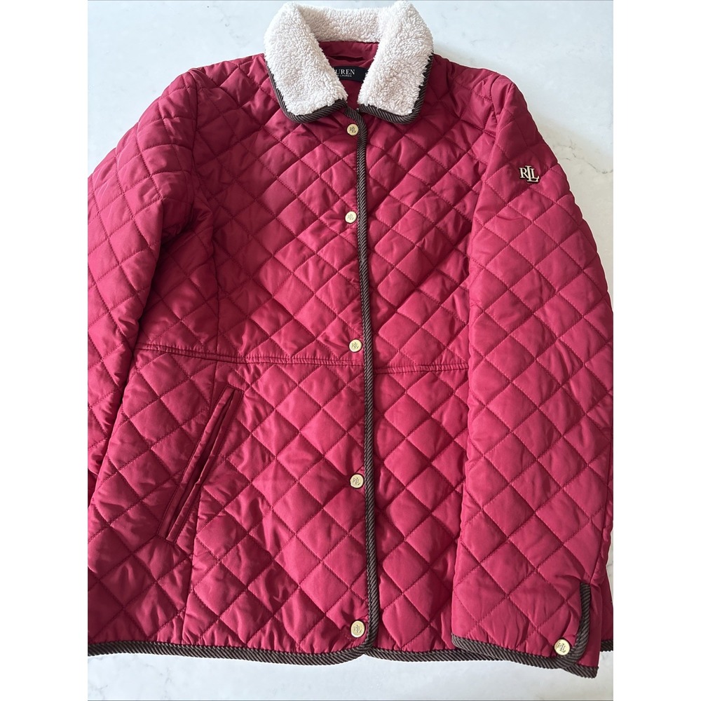 RALPH LAUREN Red Diamond Quilted Jacket Womens S Barn Coat Sherpa Corduroy RL